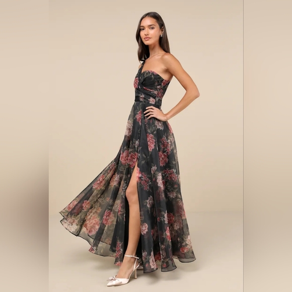 Lulus Truly Extraordinary Black Floral Organza One-Shoulder Maxi Dress S Wedding - Picture 3 of 11